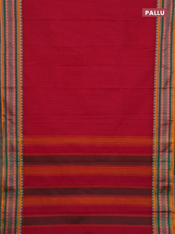 Narayanpet cotton saree red and orange with allover stripes pattern and rettapet thread woven border