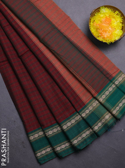 Narayanpet cotton saree maroon and green with allover checked pattern and rettapet thread woven border