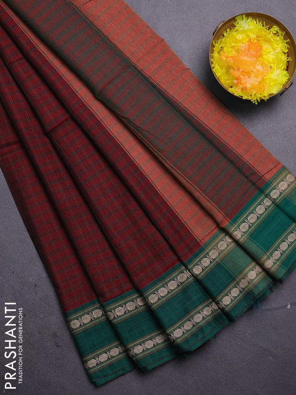 Narayanpet cotton saree maroon and green with allover checked pattern and rettapet thread woven border