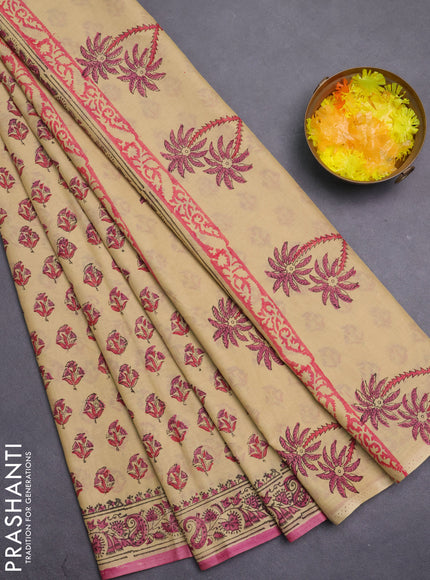 Jaipur cotton saree beige and pink with allover butta prints and printed border
