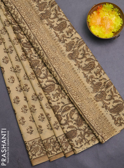 Jaipur cotton saree beige and mustard shade with allover prints and printed border