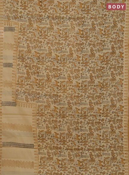 Jaipur cotton saree beige and mustard yellow with allover prints and printed border