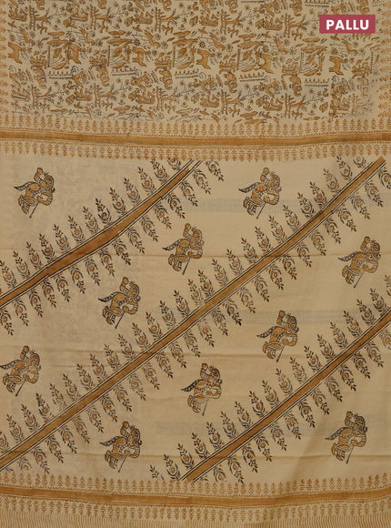 Jaipur cotton saree beige and mustard yellow with allover prints and printed border