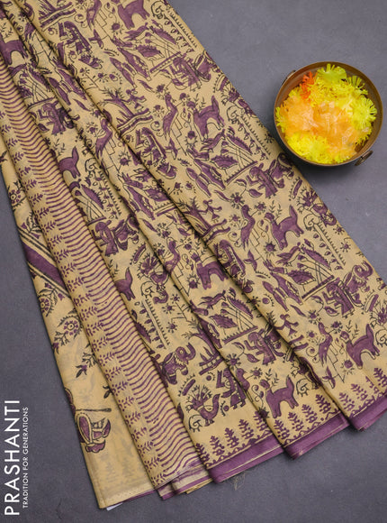 Jaipur cotton saree beige and purple with allover prints and printed border