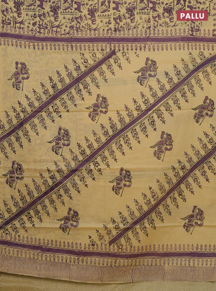 Jaipur cotton saree beige and purple with allover prints and printed border