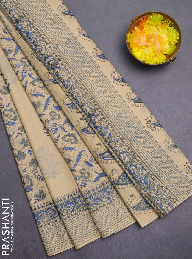 Jaipur cotton saree beige and blue with allover prints and printed border