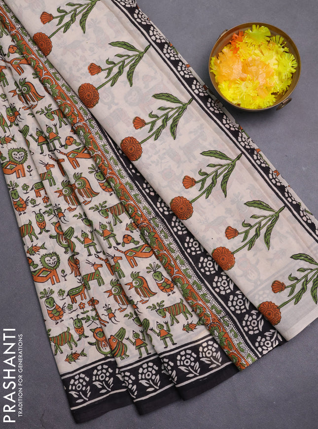 Jaipur cotton saree cream and black with allover prints and printed border