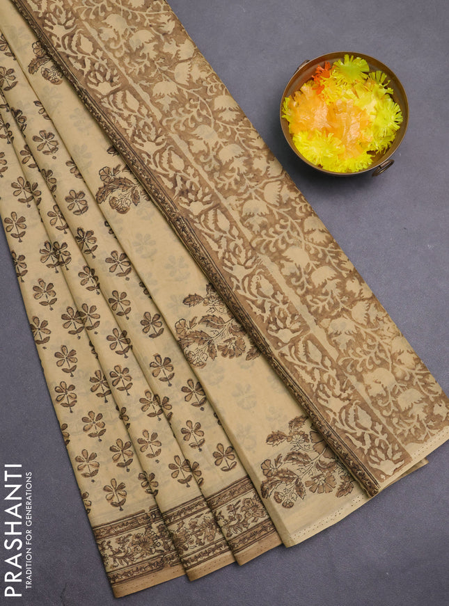 Jaipur cotton saree beige and brown with allover butta prints and printed border