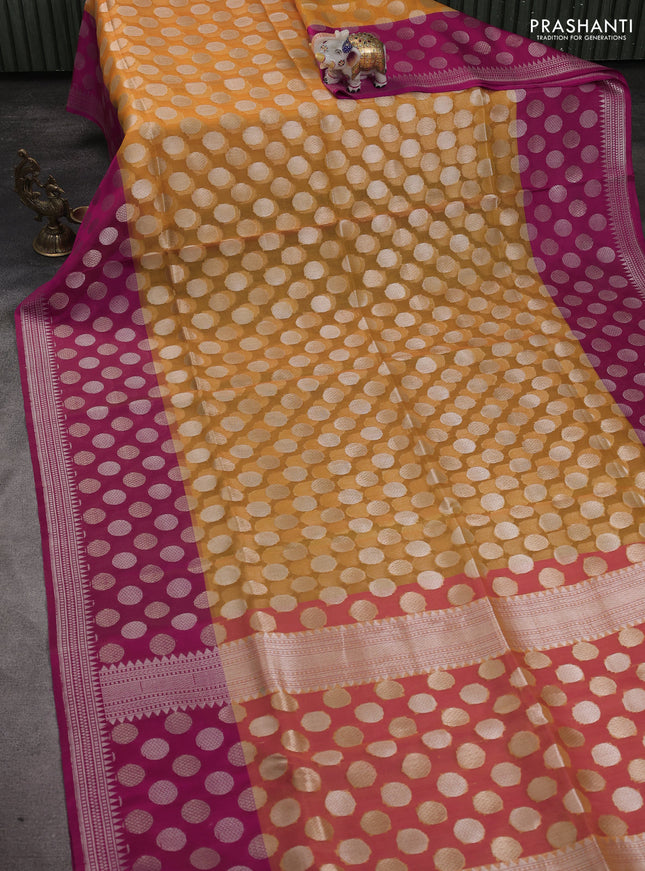 Kora jamdhani silk saree mustard yellow and pink with allover jamdhani weaves and zari woven border