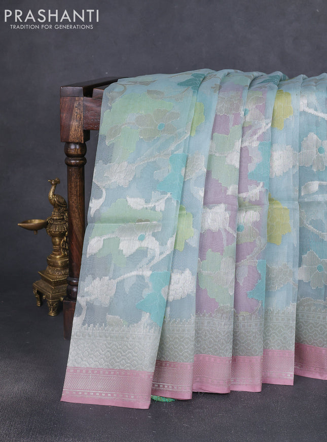 Kora jamdhani silk saree pastel blue and peach pink with allover jamdhani weaves and zari woven border