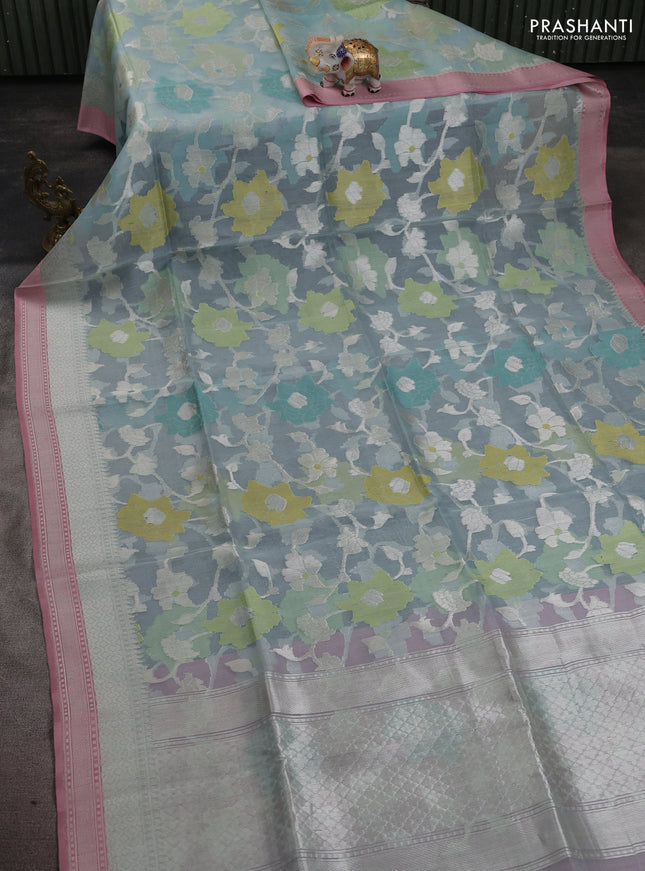Kora jamdhani silk saree pastel blue and peach pink with allover jamdhani weaves and zari woven border