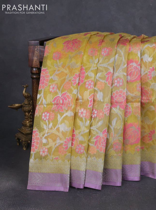 Kora jamdhani silk saree lime yellow and lavender with allover jamdhani weaves and zari woven border