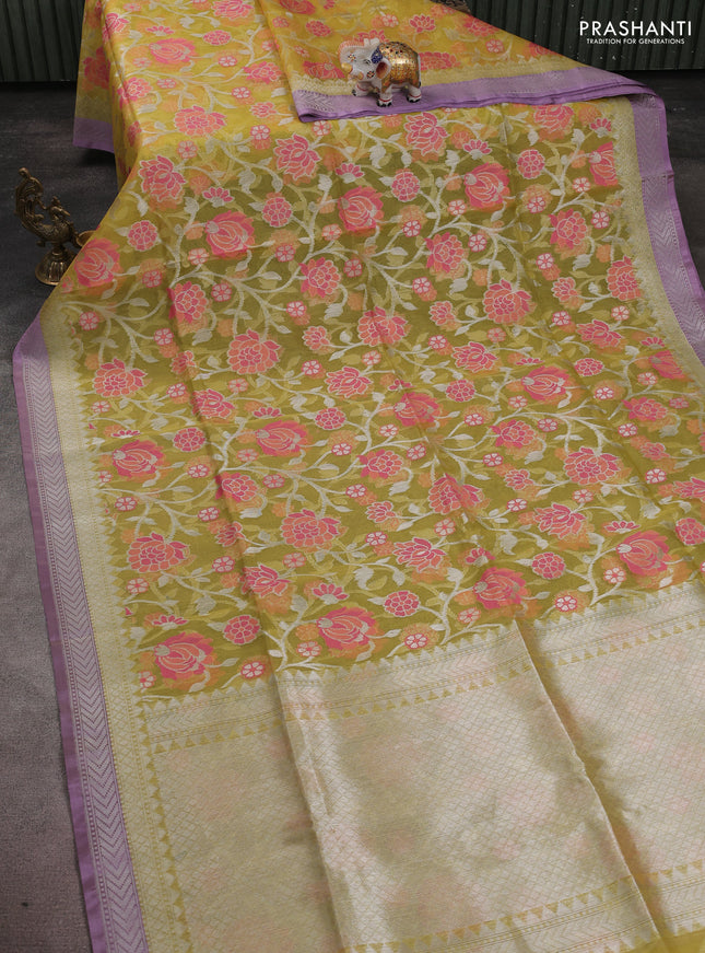 Kora jamdhani silk saree lime yellow and lavender with allover jamdhani weaves and zari woven border