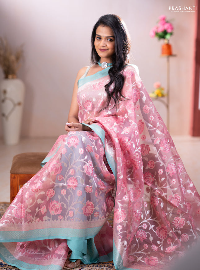 Kora jamdhani silk saree peach pink and teal green with allover jamdhani weaves and zari woven border