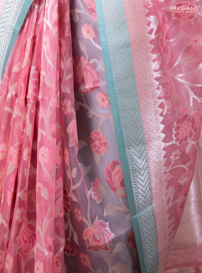 Kora jamdhani silk saree peach pink and teal green with allover jamdhani weaves and zari woven border