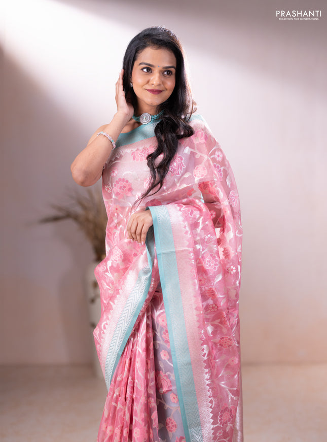 Kora jamdhani silk saree peach pink and teal green with allover jamdhani weaves and zari woven border