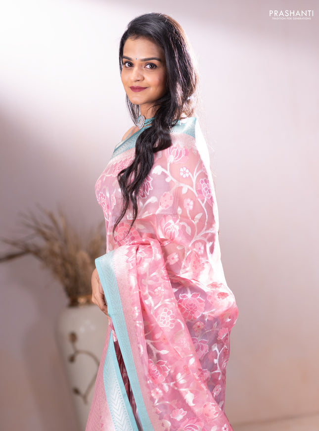 Kora jamdhani silk saree peach pink and teal green with allover jamdhani weaves and zari woven border
