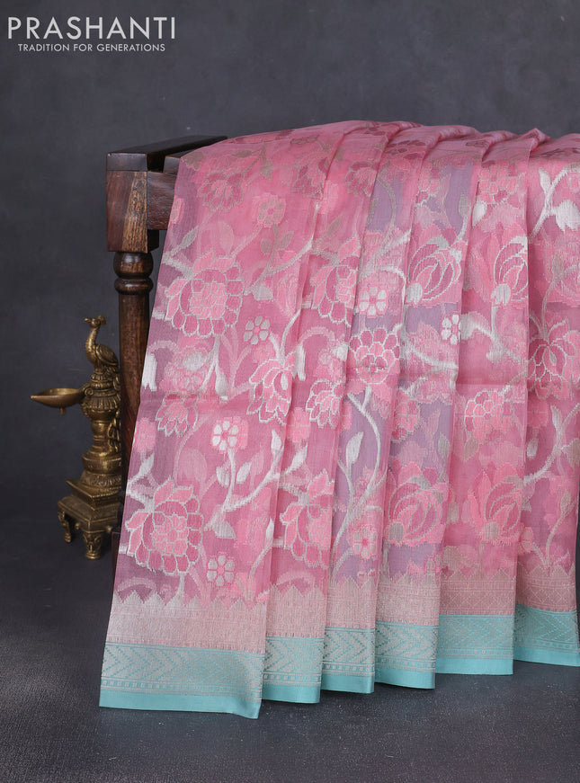Kora jamdhani silk saree peach pink and teal green with allover jamdhani weaves and zari woven border