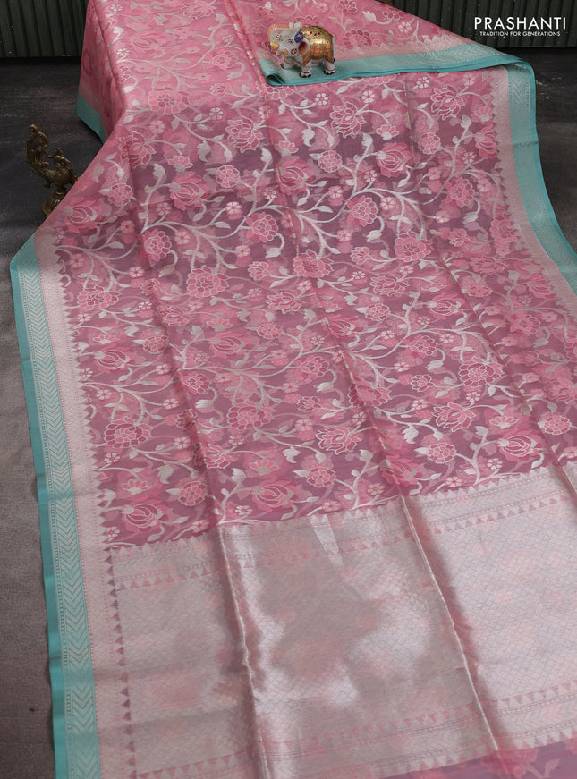 Kora jamdhani silk saree peach pink and teal green with allover jamdhani weaves and zari woven border