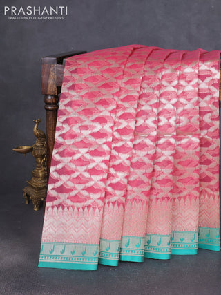 Kora jamdhani silk saree peach pink and teal green with allover jamdhani weaves and zari woven border