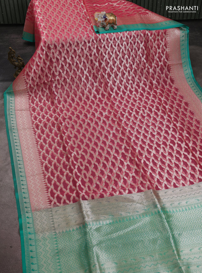 Kora jamdhani silk saree peach pink and teal green with allover jamdhani weaves and zari woven border
