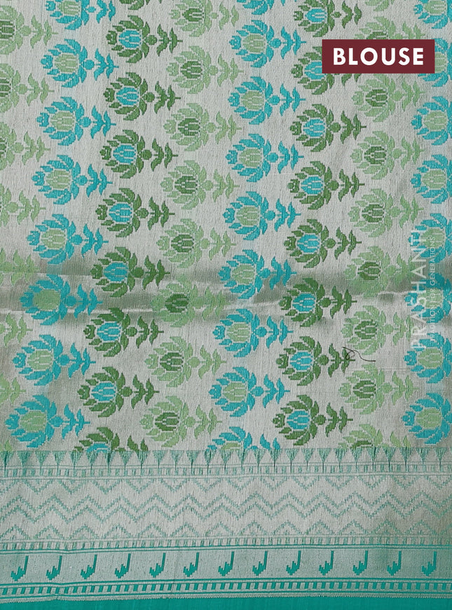 Kora jamdhani silk saree peach pink and teal green with allover jamdhani weaves and zari woven border