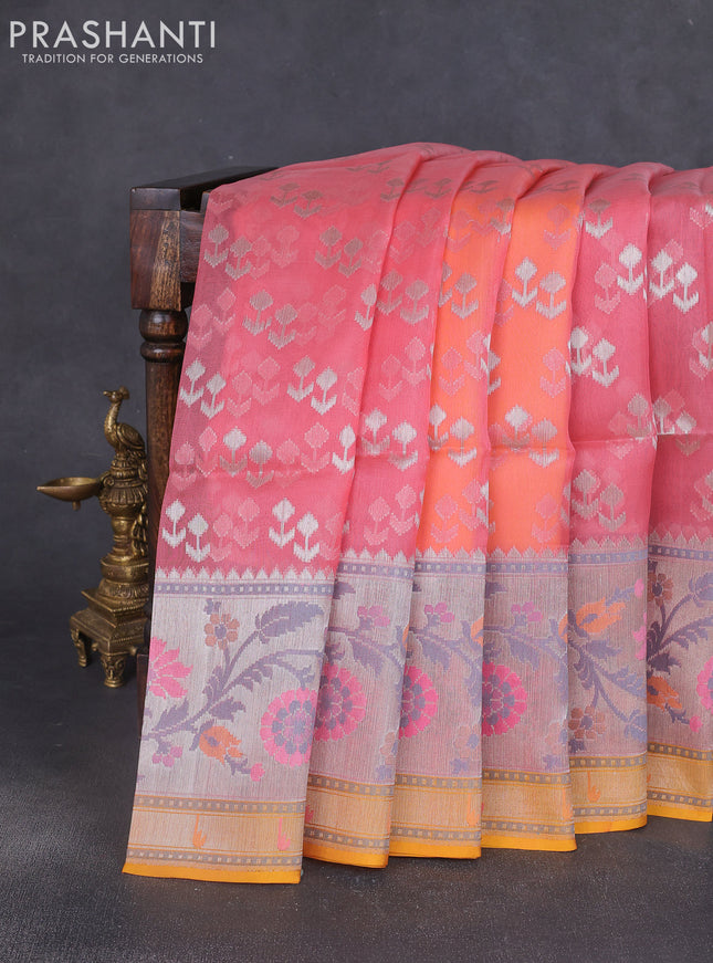 Kora jamdhani silk saree peach shade and mustard yellow with allover jamdhani weaves and zari woven border