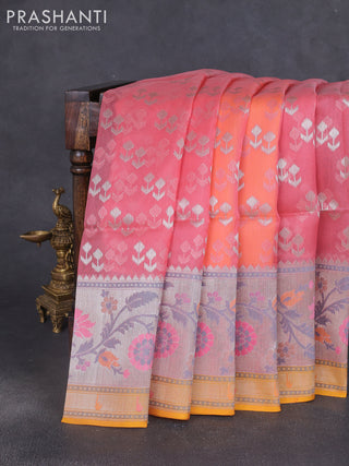 Kora jamdhani silk saree peach shade and mustard yellow with allover jamdhani weaves and zari woven border
