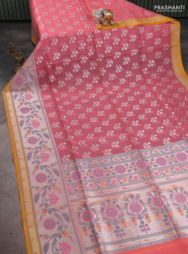 Kora jamdhani silk saree peach shade and mustard yellow with allover jamdhani weaves and zari woven border