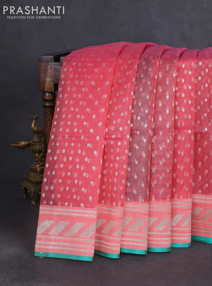 Kora jamdhani silk saree peach pink and teal green with allover jamdhani weaves and zari woven border