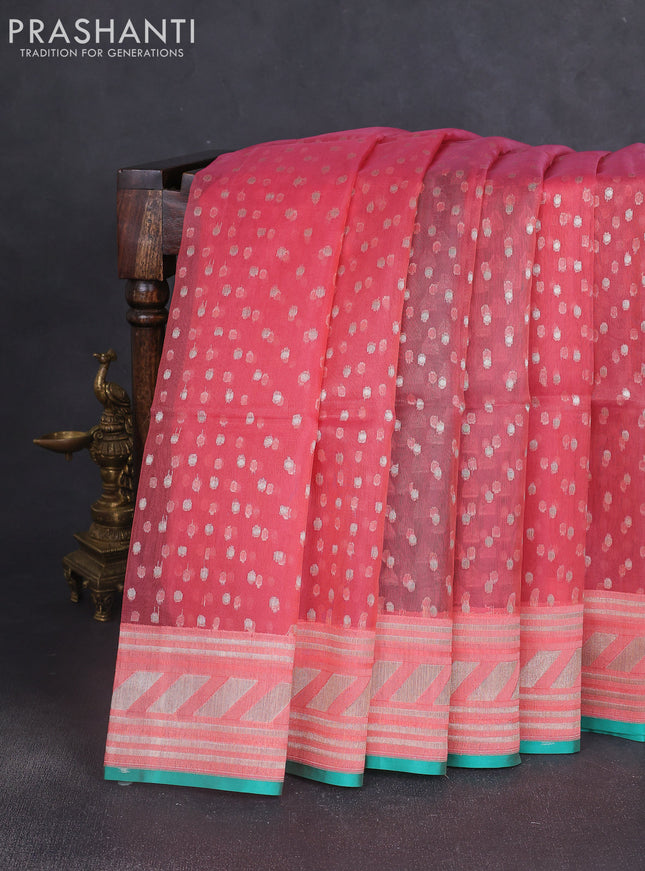Kora jamdhani silk saree peach pink and teal green with allover jamdhani weaves and zari woven border