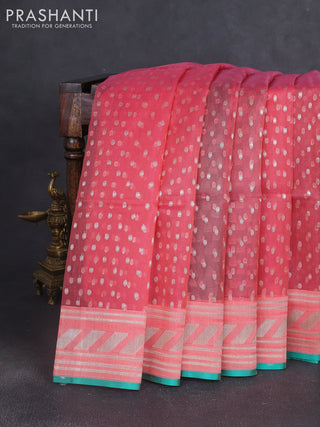Kora jamdhani silk saree peach pink and teal green with allover jamdhani weaves and zari woven border