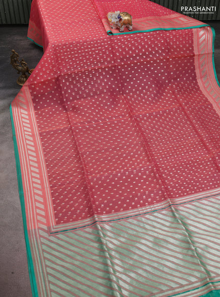 Kora jamdhani silk saree peach pink and teal green with allover jamdhani weaves and zari woven border