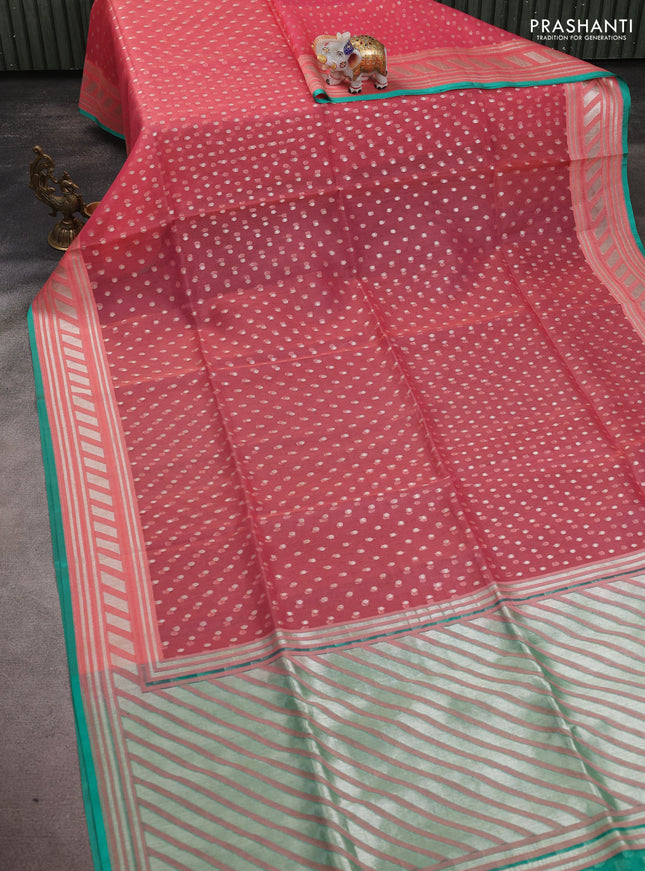 Kora jamdhani silk saree peach pink and teal green with allover jamdhani weaves and zari woven border