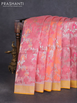 Kora jamdhani silk saree peach shade and mustard yellow with allover jamdhani weaves and zari woven border