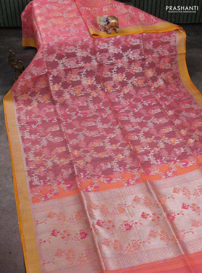 Kora jamdhani silk saree peach shade and mustard yellow with allover jamdhani weaves and zari woven border
