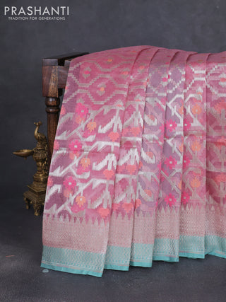 Kora jamdhani silk saree peach pink and teal green with allover jamdhani weaves and zari woven border