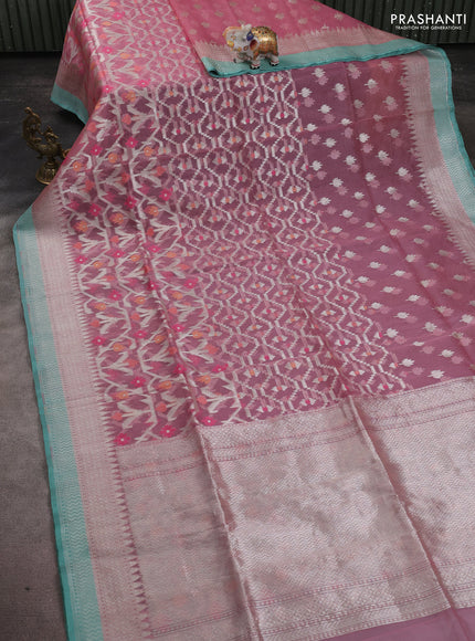 Kora jamdhani silk saree peach pink and teal green with allover jamdhani weaves and zari woven border