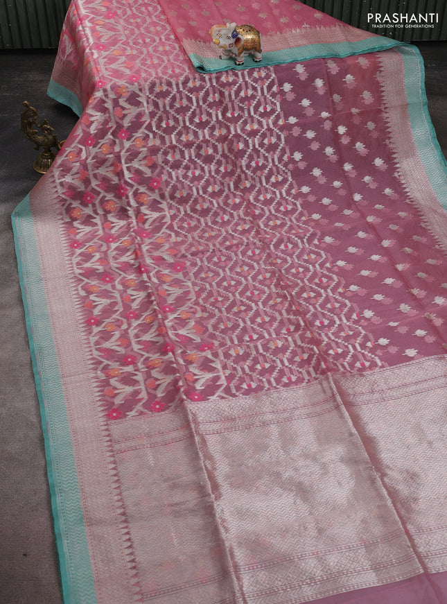 Kora jamdhani silk saree peach pink and teal green with allover jamdhani weaves and zari woven border