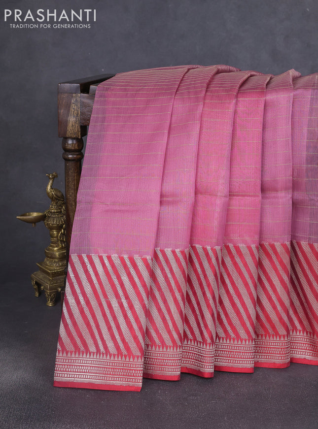 Kora jamdhani silk saree peach pink and red with allover jamdhani weaves and zari woven border