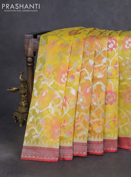 Kora jamdhani silk saree yellow and red with allover jamdhani weaves and zari woven border