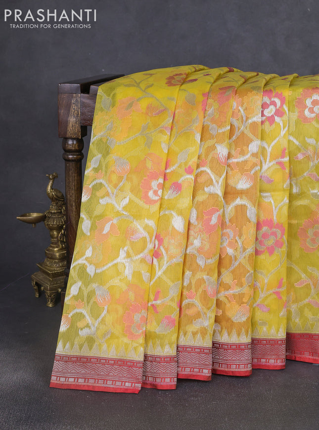 Kora jamdhani silk saree yellow and red with allover jamdhani weaves and zari woven border