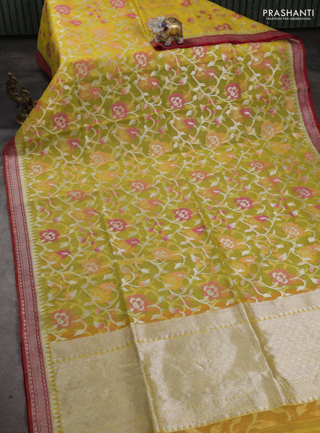 Kora jamdhani silk saree yellow and red with allover jamdhani weaves and zari woven border