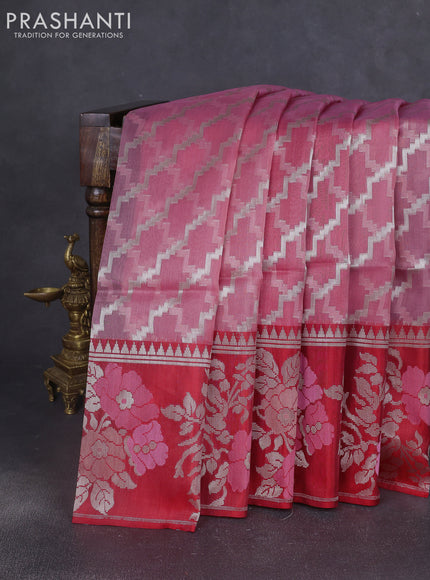 Kora jamdhani silk saree peach pink and red with allover jamdhani weaves and zari woven border