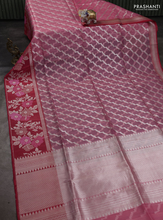 Kora jamdhani silk saree peach pink and red with allover jamdhani weaves and zari woven border