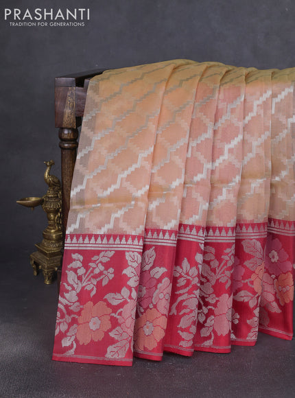 Kora jamdhani silk saree pale orange and red with allover jamdhani weaves and zari woven border