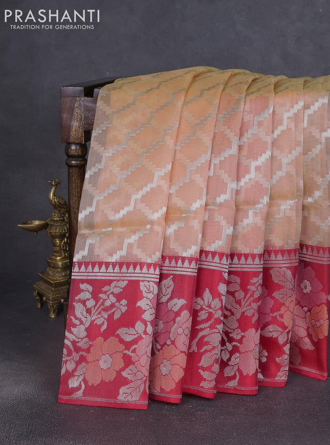 Kora jamdhani silk saree pale orange and red with allover jamdhani weaves and zari woven border