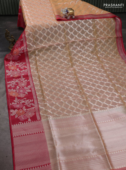 Kora jamdhani silk saree pale orange and red with allover jamdhani weaves and zari woven border