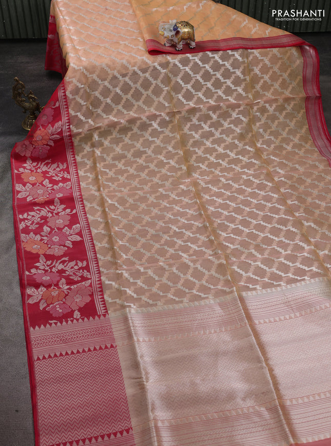 Kora jamdhani silk saree pale orange and red with allover jamdhani weaves and zari woven border