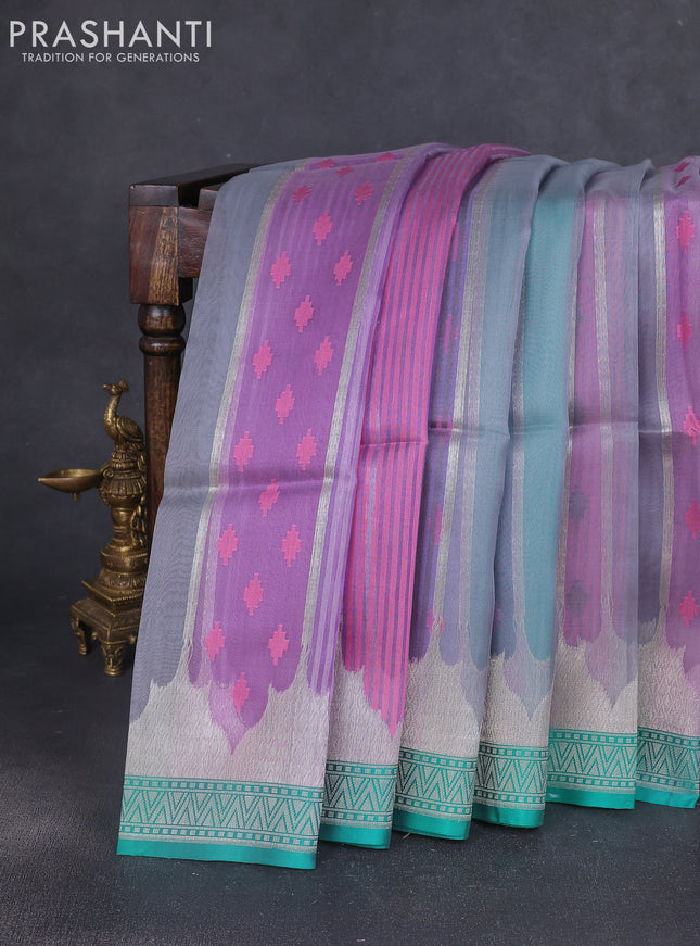 Kora jamdhani silk saree multi colour and teal green with allover jamdhani weaves and zari woven border